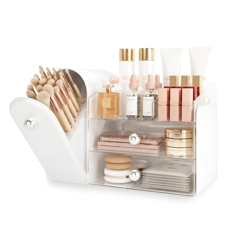 lurcns Makeup Organizer with Dustproof Brush Holder for Vanity, Large Cosmetics Organizer and Bathroom Countertop Skincare Storage with 2 Clear Drawers for Lipstick, Perfume, Eyeshadow Palettes,White
