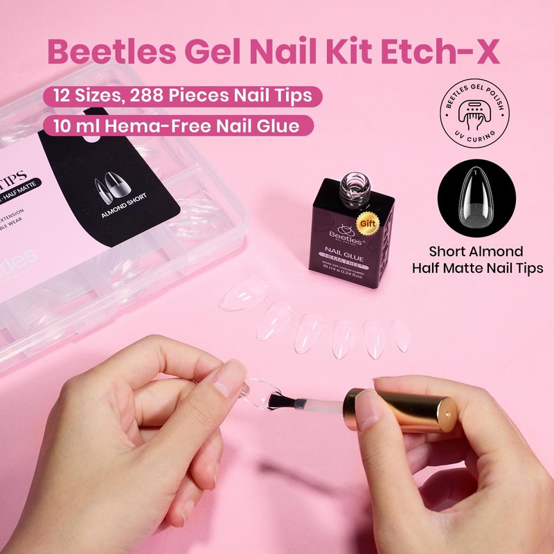 Beetles Gel Nail Kit Etch-X, Almond Short, 288pcs 12 Sizes Nail Tips, with 10ml Hema-Free Nail Glue Gel, Glue on Nails for Acrylic Press On Nail, Pre-Etched Half Matte Extension Set for Home DIY