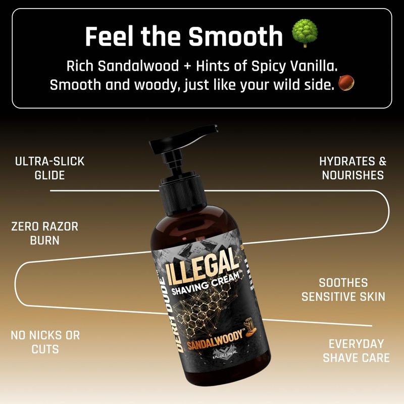 Derm Dude Illegal Shave Cream for Men | Ultra-Slick Shaving Cream for Sensitive Skin | Fights Razor Burn, Bumps, Nicks & Cuts | Smooth Glide Formula – Sandalwoody Scent, 8oz