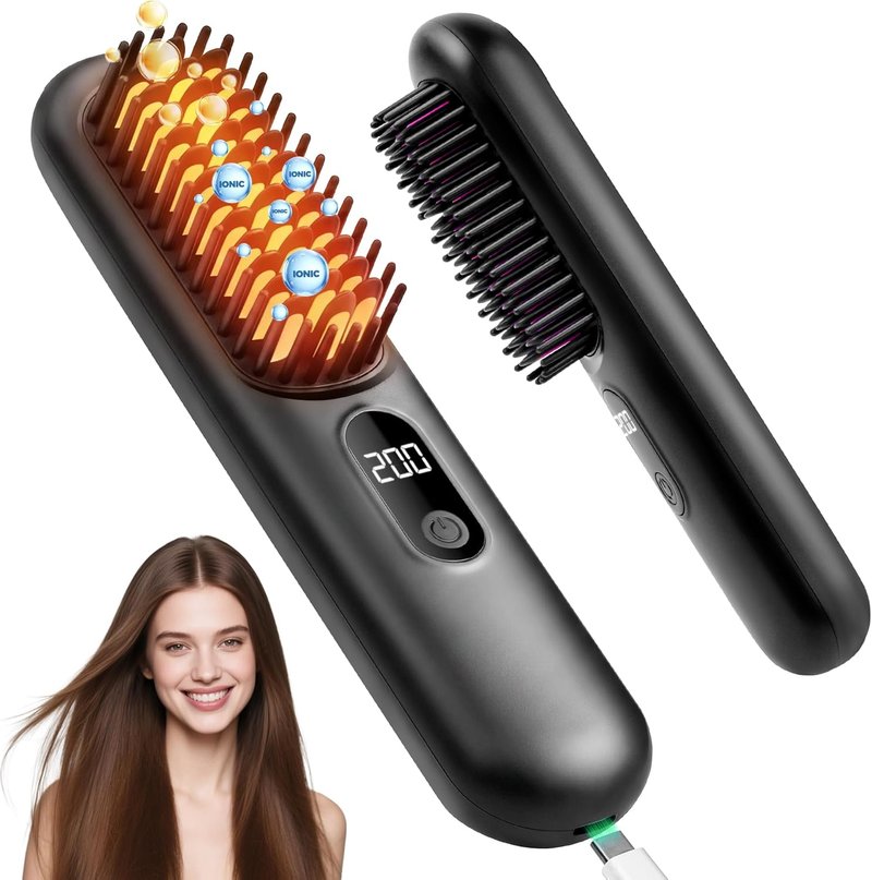 Go Brush Pro Cordless Hair Straightener Brush - Mini Design with 4 Temperature Settings | Portable Ionic & Ceramic Care (Black)