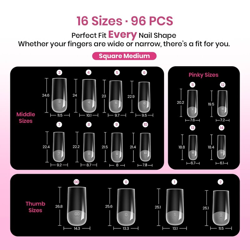 Beetles Tipex Lite Instant Apex Nail Tips, Medium Square Gel Nail Tips, 16 Sizes 00-14, Built-in Apex for Natural Fit, Beginner-Friendly DIY Nail Extensions