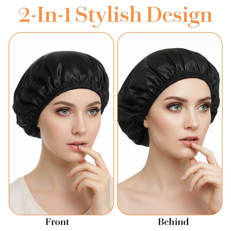Sibba Shower Cap Elastic Shower Bonnet Caps Bath Hair Wrap Hat Treatment Caps for Women Reusable Waterproof Bathing Cap PEVA Lined for Braids Long Thick Hair Home Spa Travel Accessories (Black)