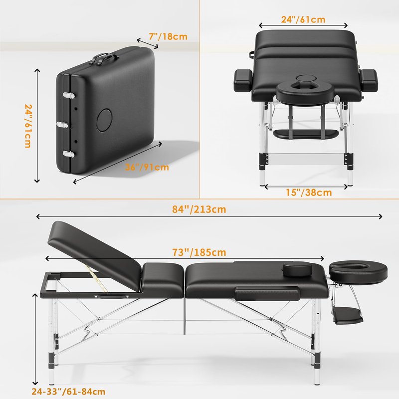 Brelley Massage Table Portable 84" Long 24" Wide Professional 3 Sections Reclining Massage Couch, Aluminum Adjustable Esthetician Bed Tattoo Table SPA Lash Salon Bed with Carrying Bag