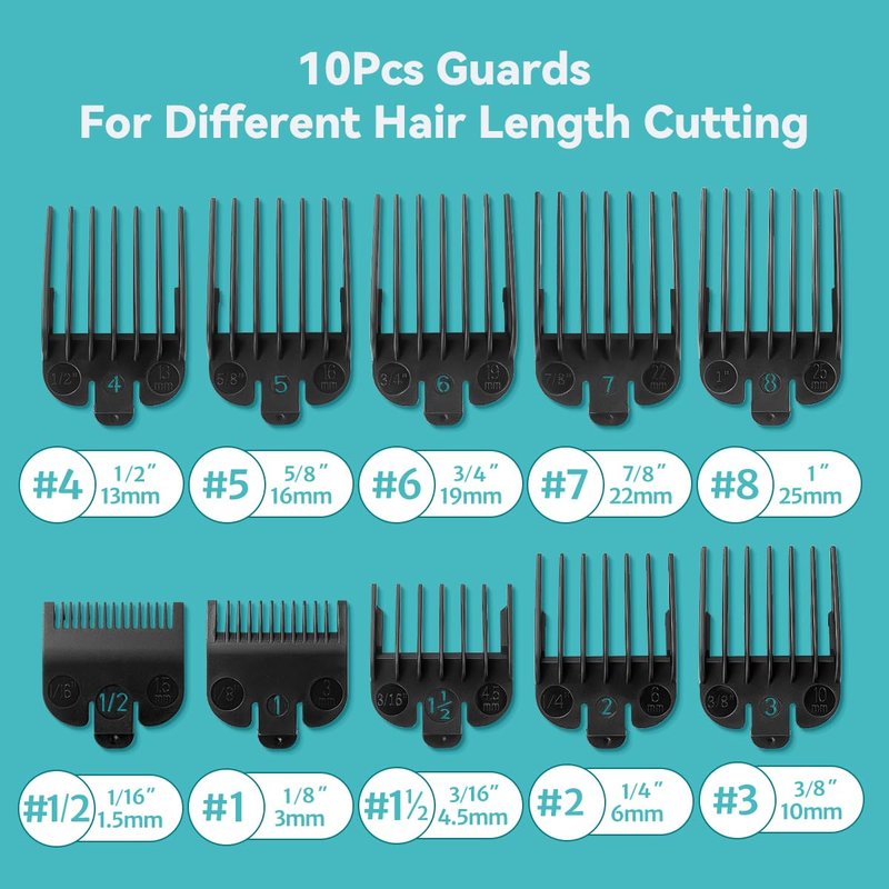 Clipper Guards Set Compatible with Most Wahl Clippers with Holder, Clipper Guides Replacement - 1/16" to 1", 10 Piece Set, Black Color