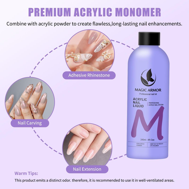 8FL.OZ EMA Monomer Acrylic Nail Liquid with 3 Acrylic Brushes (8/10/14) for Nail Extensions & Carving, MMA-Free, Non-Yellowing, Ideal for DIY & Professional Salon Use