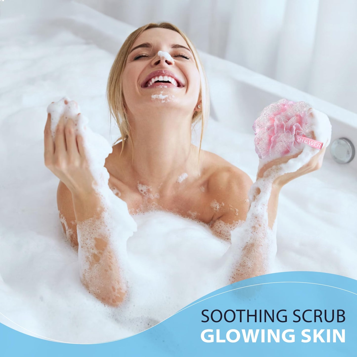 Loofah-Bath-Sponge Lace-Mesh-Set // 2-Scrubs-in-1 by Shower Bouquet/Large Full 60g Pouf (4 Pack Spa Colors) Body Luffa Loofa Loufa Puff - Exfoliate, Cleanse Skin with Luxurious Bathing Accessories