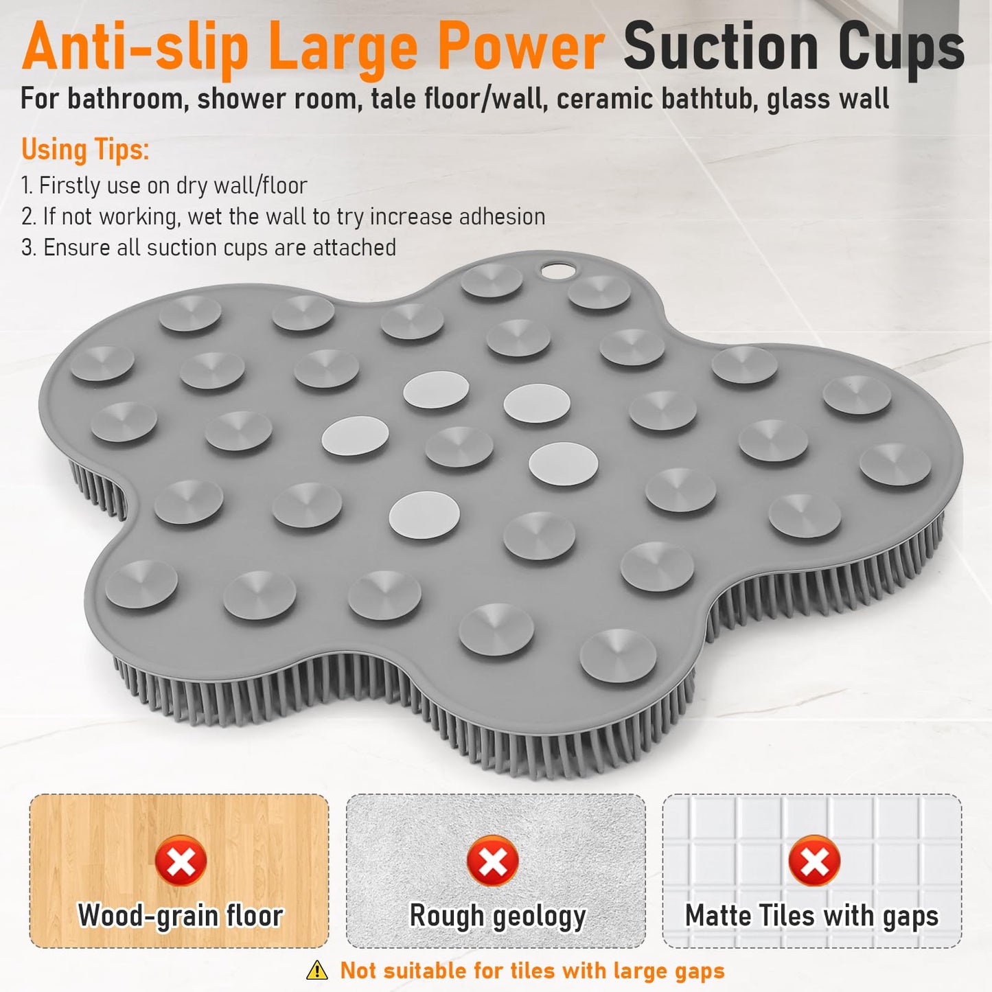 Shower Foot Scrubber Mat Silicone Back Exfoliating Cleaner, Feet Message Bath Washer Pad with Suction Cups for Wall Non-Slip - Itchy Toes Dead Skin Beauty Deep Clean Soft Bristles 14.2 * 11.2in Grey
