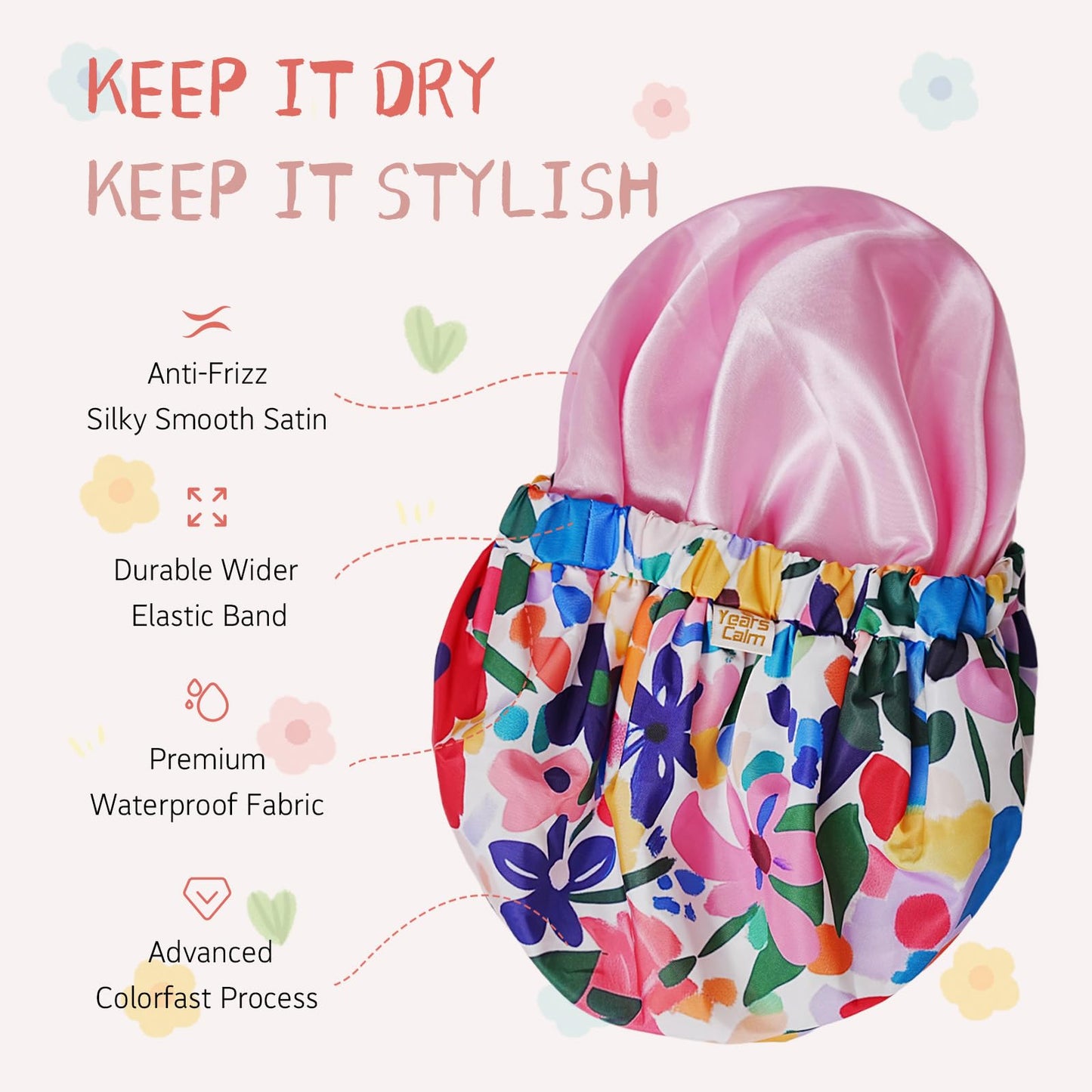 Years Calm Shower Caps for Women Reusable Waterproof, Double-Layer Extra Large Elastic Hair Cap for Shower for Long Hair & Braids, Travel & Home