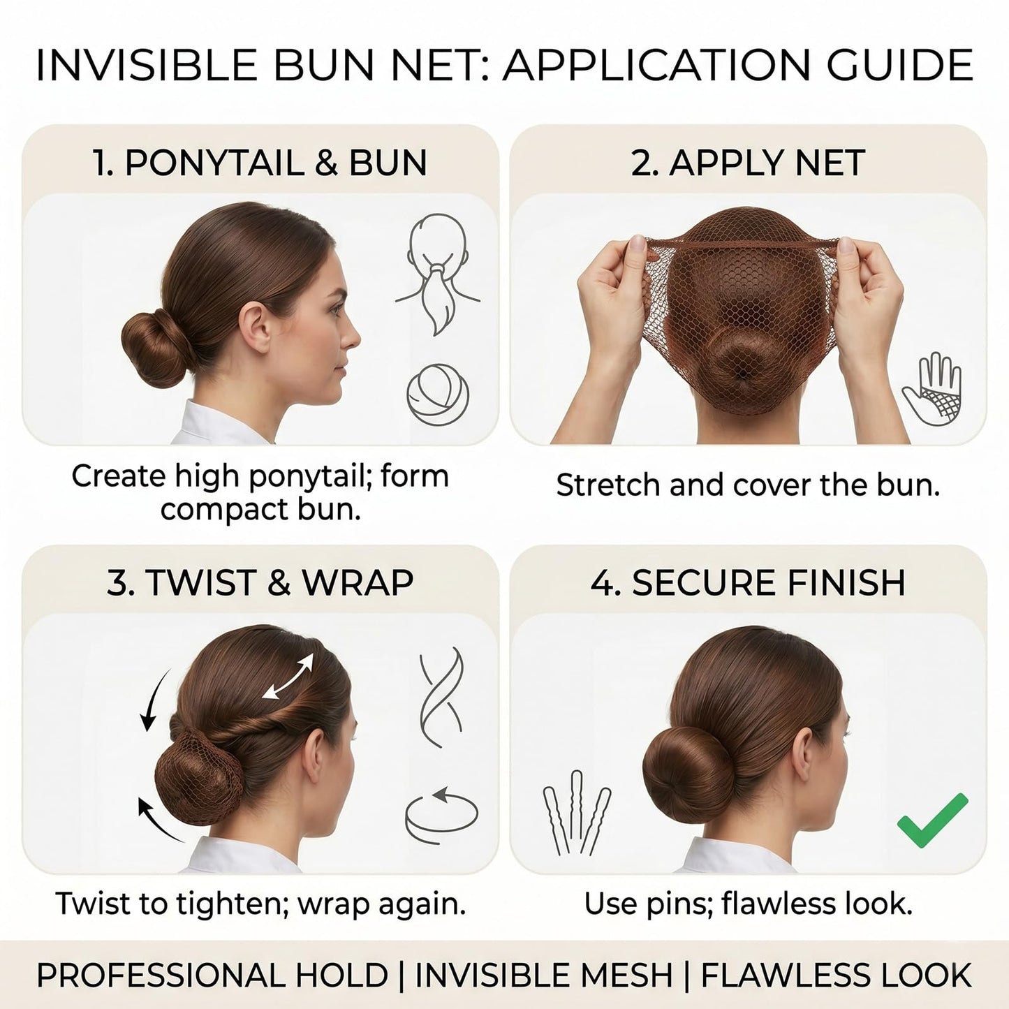 whisrvival 10 Hair Nets & 6 Hair Donut Bun Maker(2" Small & 3" Medium) - 41Pcs Sock Bun Kit Includes 12" Invisible Hairnets, 20 U Bobby Pins & 5 Hair Ties for Girl Woman Dance Ballet (Brown)