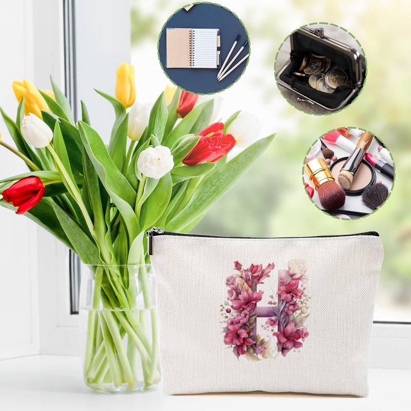 DHKG Initial Makeup Bag Personalized Cosmetic Bag Monogrammed Gifts for Women Boss Mom Bestie Travel Organizer Zipper Pouch Teacher Gifts Mothers Day Birthday Bridal Shower Gifts, Pink Letter H