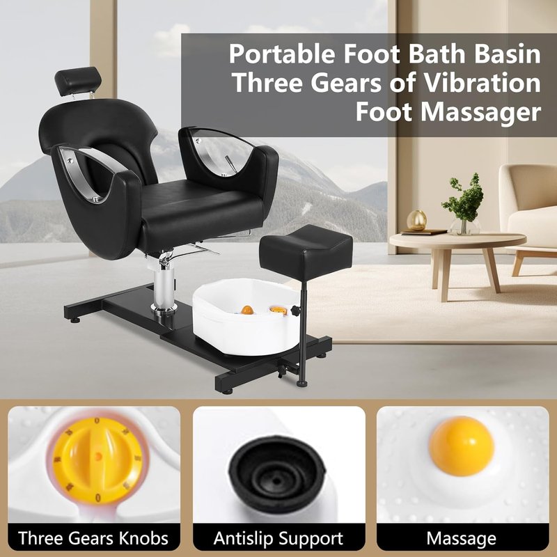 360° Swivel Pedicure Chair - Hydraulic Adjustable Height with Stool & Massage Foot Bath | Black & Silver