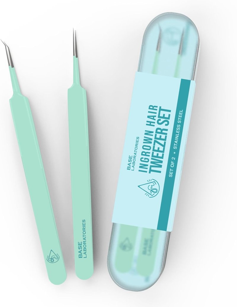 Base Labs Ingrown Hair Tweezers Set - Precision Curved & Pointed Stainless Steel Tweezers | 2 Pack with Protective Case for Razor Bumps & Facial Hair Removal