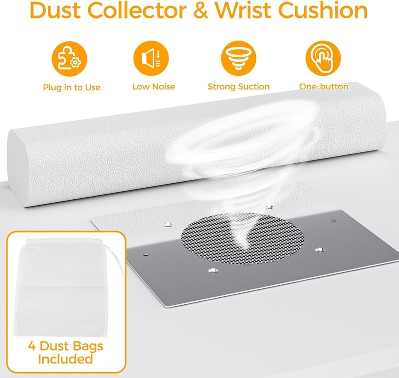 Skiennix Manicure Table - L-Shaped Nail Tech Desk with Dust Collector & Storage Shelf | Acetone Resistant, White