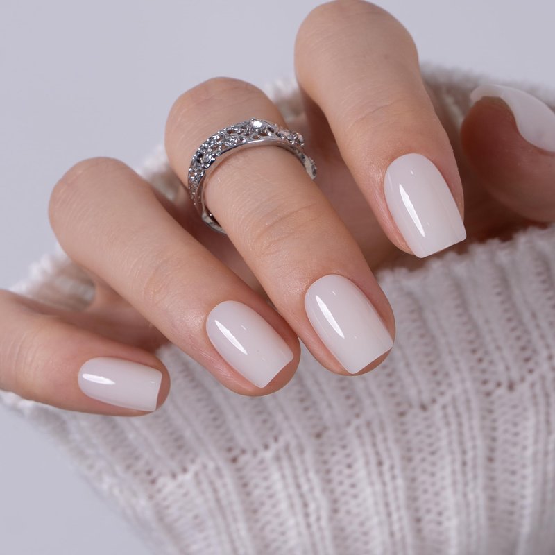 CurvLife Milky White Square Press on Nails Short, Soft Gel Fake Nails with Clean Nude Apricot Design Full Cover False Nails Glossy Nude Glue on Nails Artificial Stick on Nails for Women