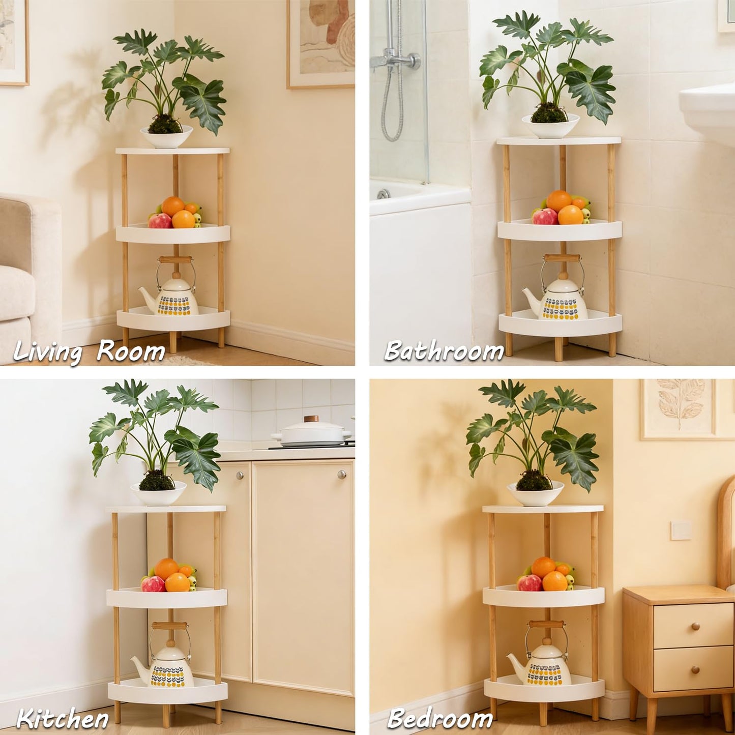 WSLUKVII 3-Tier Bamboo Corner Shelf - No Screws, Twist & Lock Assembly in 5 Mins, 5-Layer Lacquer Finish, Sturdy & Anti-Tip Design for Kitchen, Bathroom, Living Room, Easy to Clean