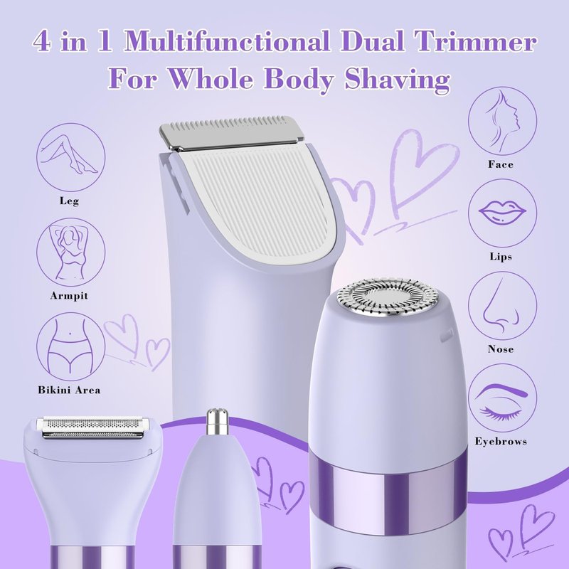 Hatteker Women's Electric Razor - 4-in-1 Dual-Head Trimmer | IPX7 Waterproof Rechargeable, Purple
