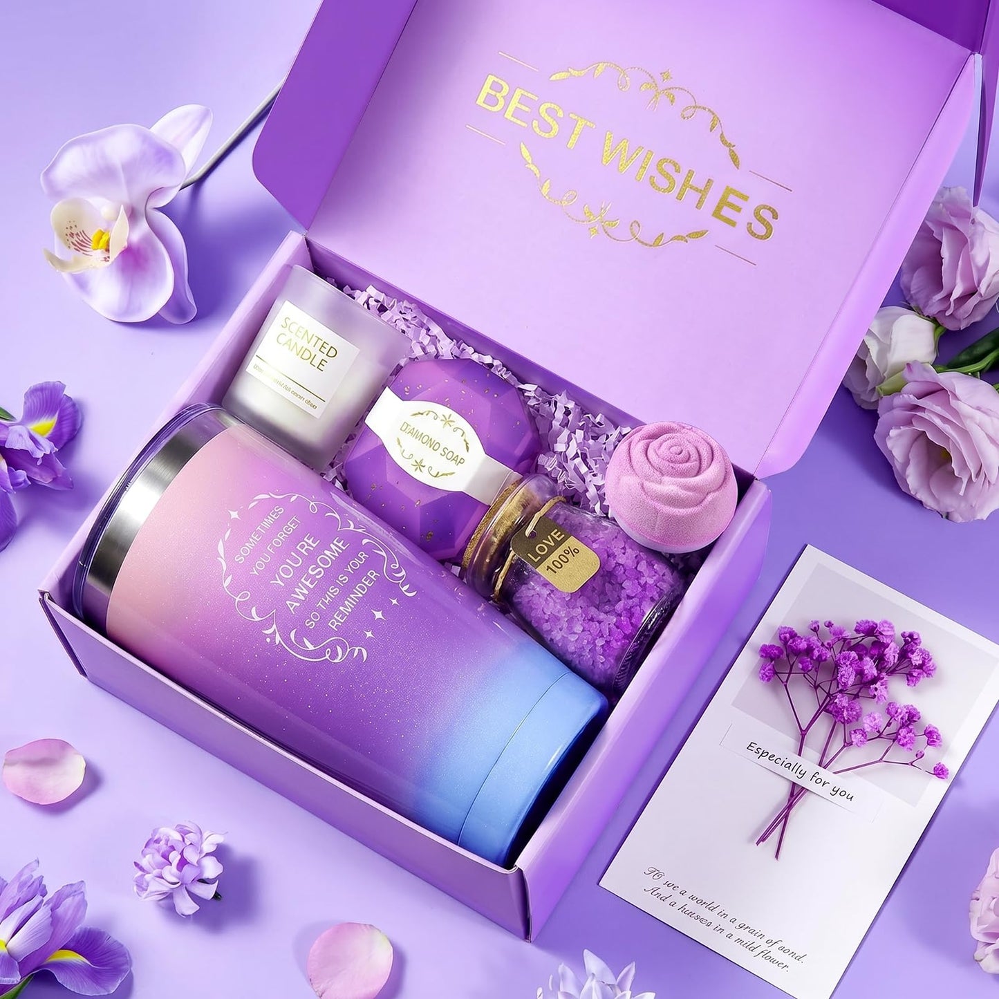 Birthday Gifts for Women, Gift Baskets Set for Mom, Wife, Her, Friend, Teacher, Nurses, Coworker, Self Care Spa Relaxation Baskets Set, Thank You Gift for Women Purple