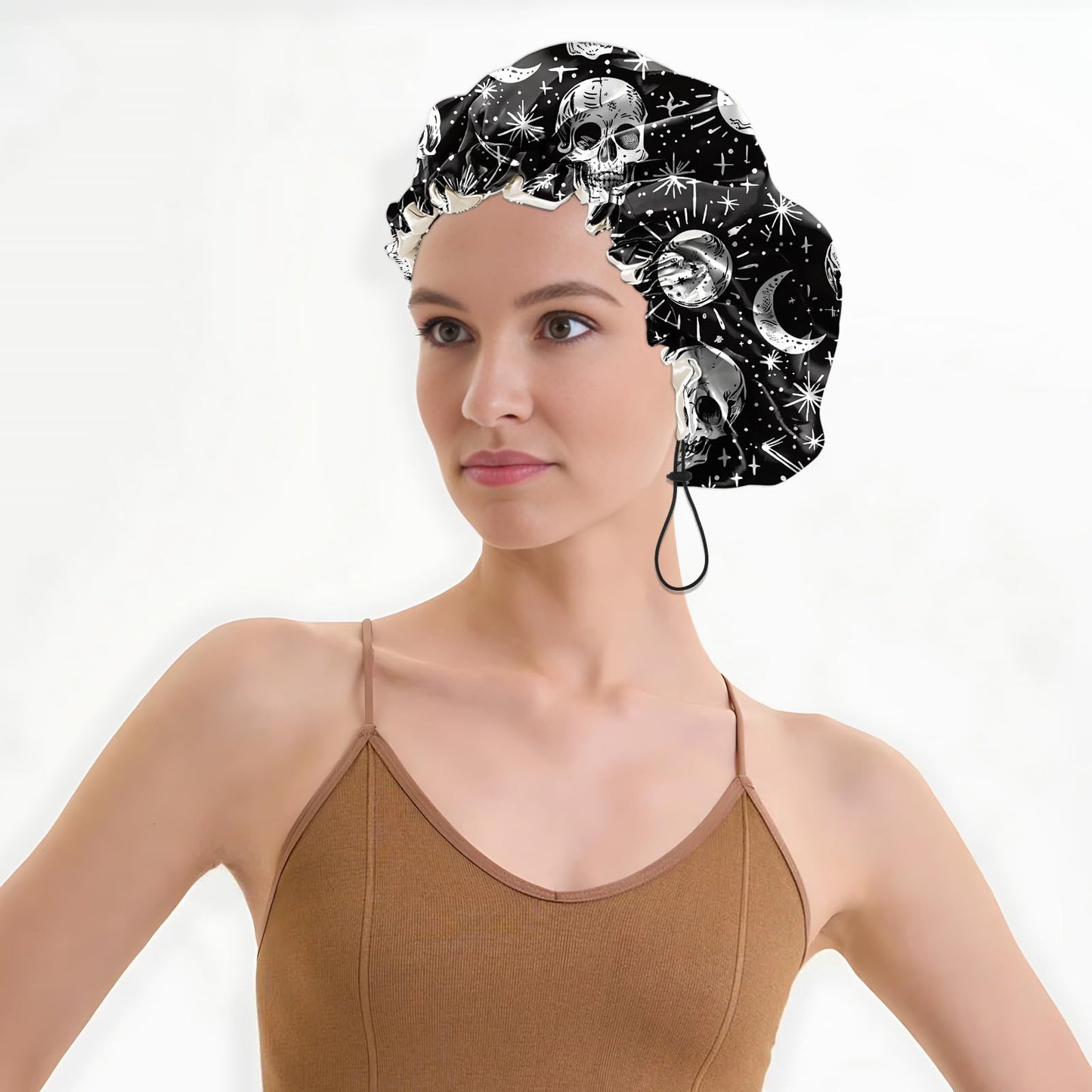 BHAHB Luxury Shower Cap Satin Lined Reusable Waterproof Double Layer Elastic Adjustable Hair Bath Cap Cute Aesthetic Women Girlss-Skull