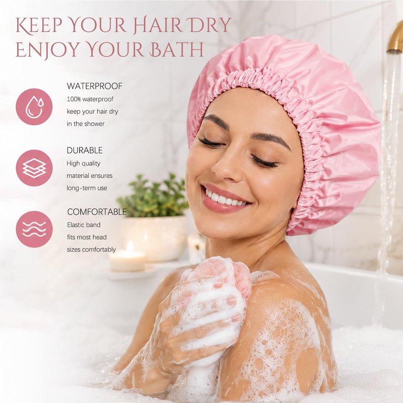 Satin Lined Shower Cap for Women, Waterproof Double Layer Shower Cap for Curly Long Thick Hair, Extra Large Reusable Bath Cap, Anti-Frizz Hair Protection Keeps Hair Dry