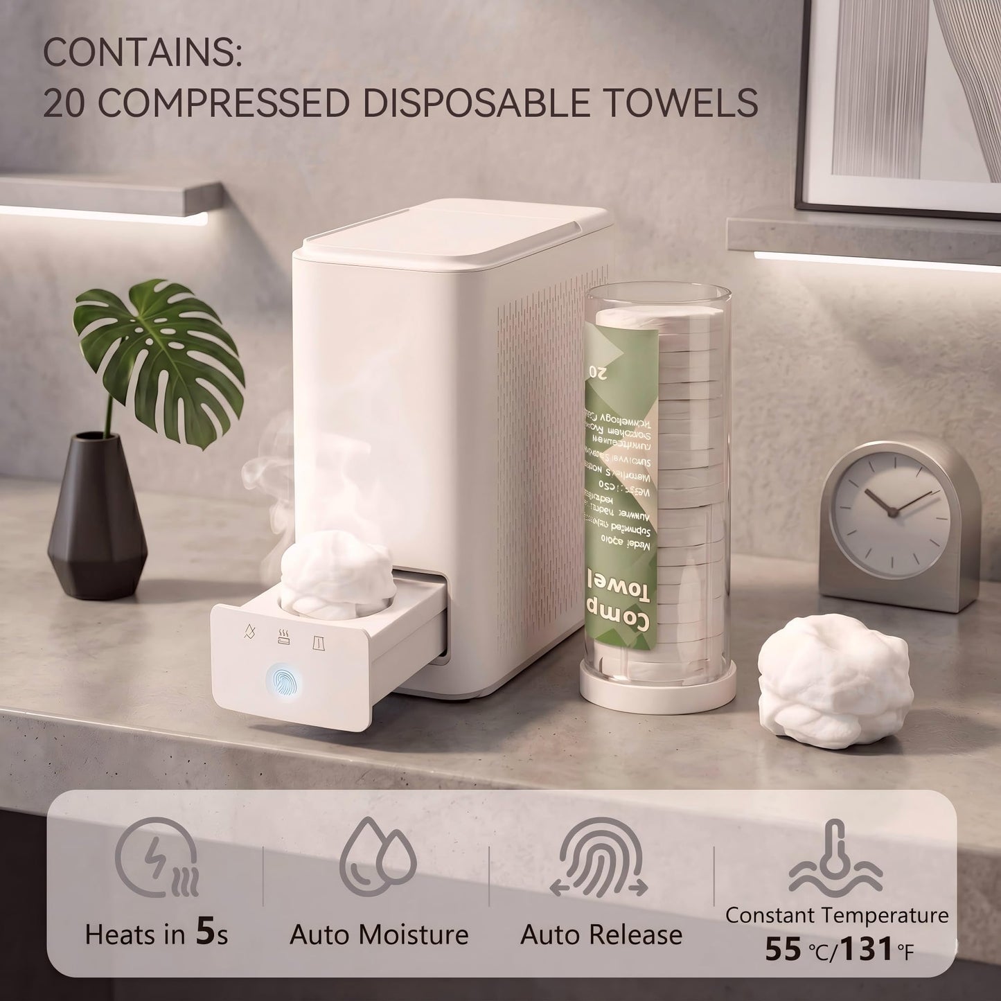 Villegloire Hot Towel Dispenser, 5s Instant Heating Automatic Facial Towel Warmer (131°F), Jam-Free Compressed Towel Machine for Skincare, Sensitive Skin & Baby Care, with 20 Compressed Towels