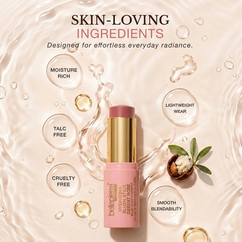 Bellapierre Hydrating Blush Stick - Moisture-Rich Cream-To-Powder Cheek Color, Lightweight & Portable, Talc-Free | 0.28 oz (Suede)