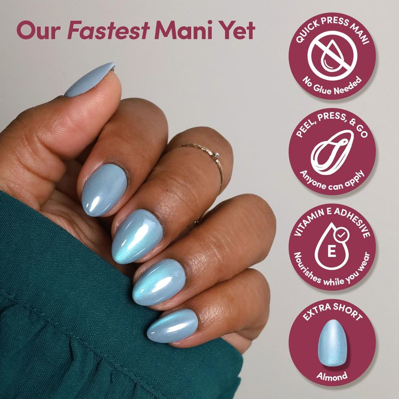 Glamnetic Quick Press Mani - No Glue Press On Nails, Just Peel and Stick, Almond Extra Short Nails, Mess Free, Salon Quality Stick On Nails, Ocean Prism | in 15 Sizes - 30 Nail Kit