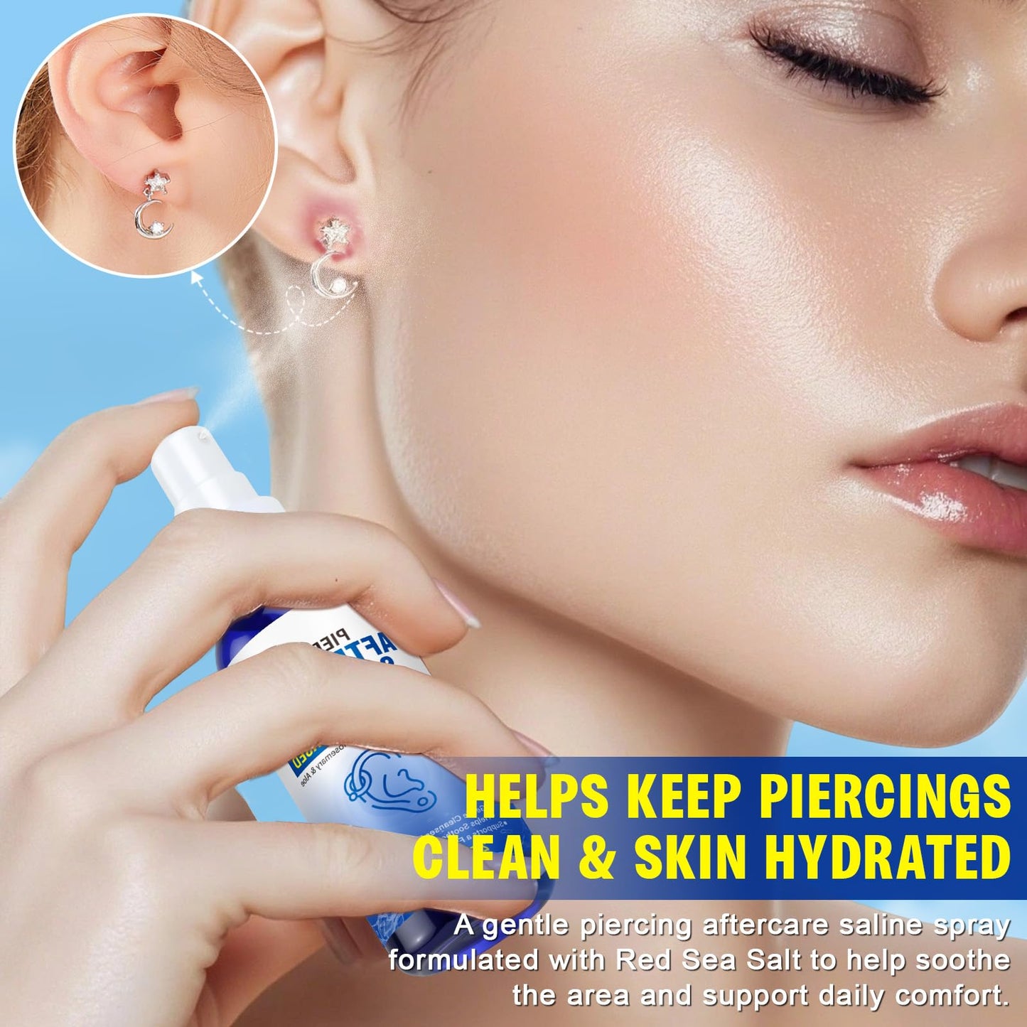Piercing Aftercare Spray, Saline Spray for Piercings, Saline Solution for Ear, Nose, Navel & Body Piercing Cleaner & Soothing, 60ML