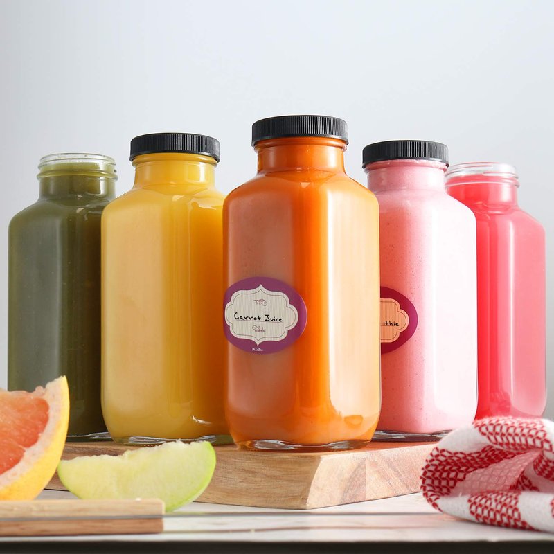 DilaBee 12-Pack Glass Juice Bottles with Lids - 16 oz Glass Bottles with Lids for Juice, Smoothie, Milk & Kombucha, Reusable Glass Water Bottles with Caps - Bulk Glass Bottles for Juicing BPA Free