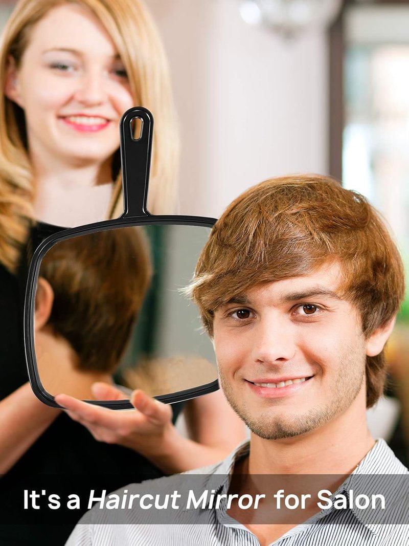 Handheld Salon Mirror - 12.4" L x 9" W Square Black Hairdressing Tool with Handle