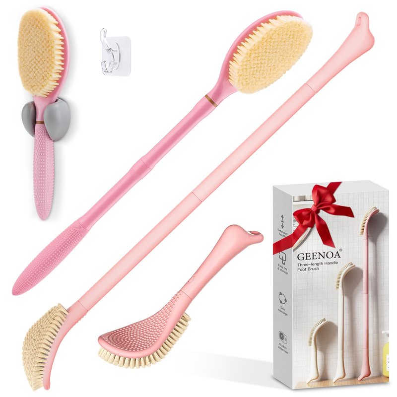 GEENOA Foot Brush & Back Scrubber Set, 27.5'' Adjustable Foot Scrubber for Shower, 18.9'' Shower Back Scrubber with 3-Length Usage, Great Aid for People with Limited Mobility(Pink Set)