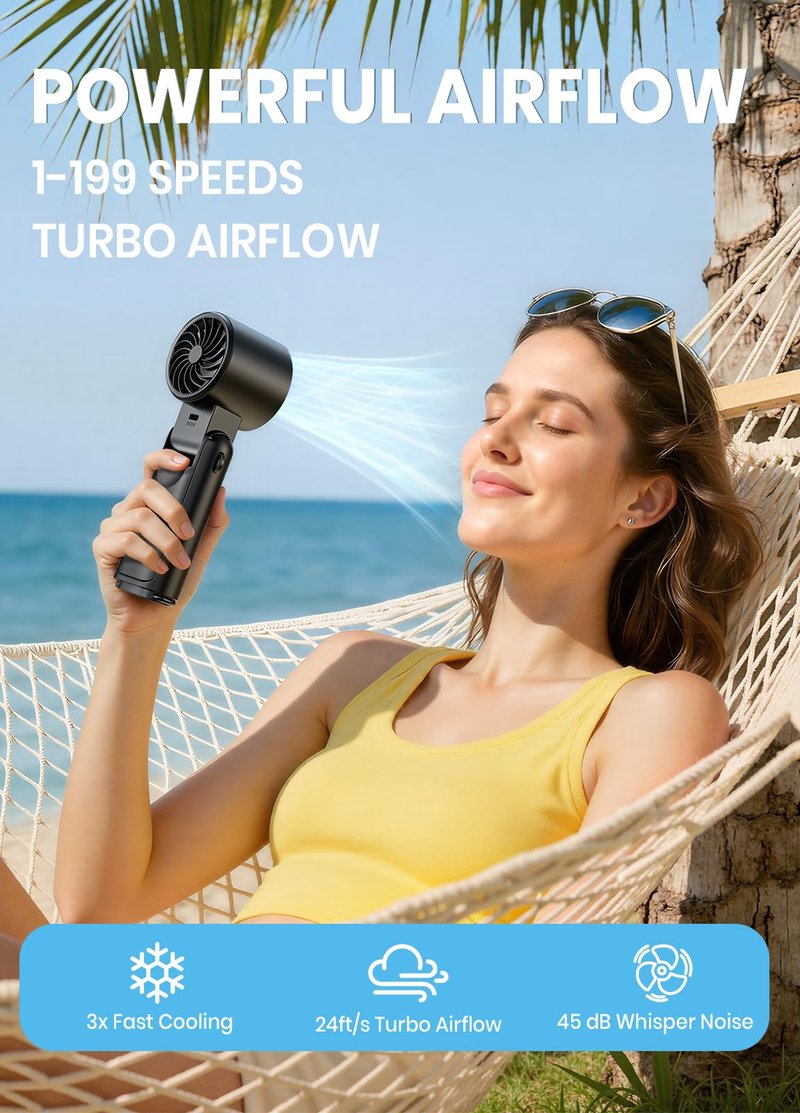 Deyhoc Portable Handheld Turbo Fan, 1-199 Speed Adjustable with LED Display, High-Power Motor, Rechargeable Battery, 4 IN 1 Pocket Design Mini Fans for Indoor/Outdoor/Travel/Work, Black
