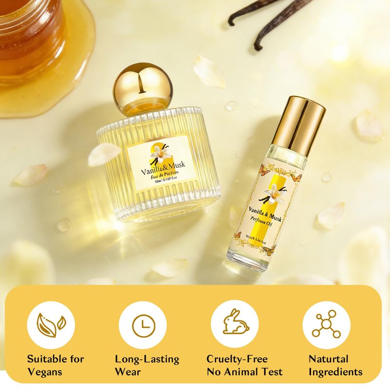 Jgppe Vanilla Musk Perfume Gift Set for Women, 1.7 fl oz Eau de Parfum Spray + 0.34 fl oz Roll On Perfume Oil, Long Lasting Sweet Warm Vanilla Perfume Set, Travel Friendly Gourmand Perfume for Women