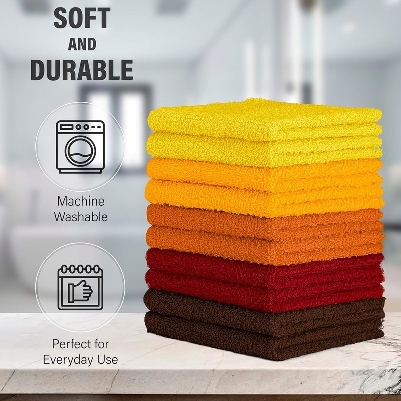 DecorRack 10 Pack 100% Cotton Wash Cloth, Luxurious Soft, 12 x 12 inch Ultra Absorbent, Machine Washable Washcloths, Assorted Set 1 (10 Pack)