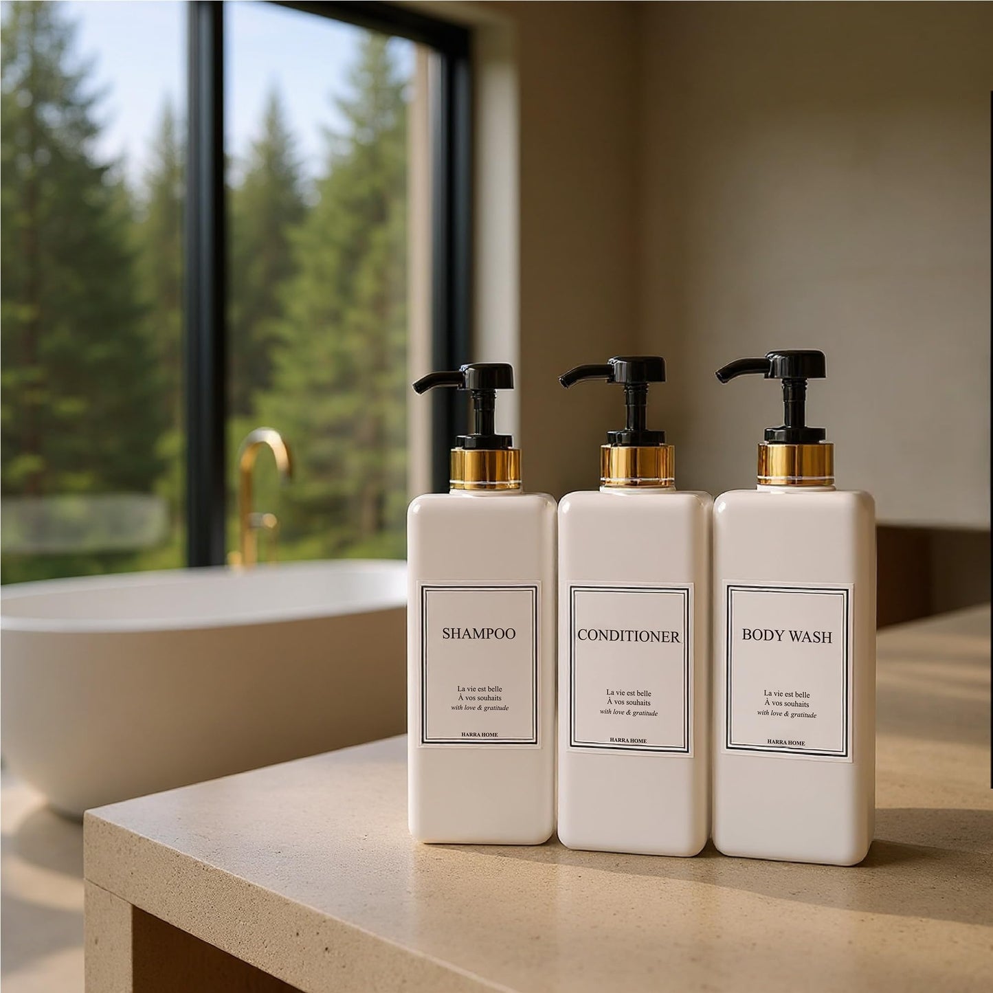 Modern Gold Design Shampoo and Conditioner Dispenser, Large 27oz Shower Soap Dispenser, Set of 3 Refillable Empty Plastic Pump Bottles for Bathroom and Body Wash (6 Waterproof Labels Included)