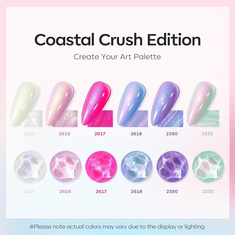 modelones Pearl Gel Nail Polish Set, 6 Colors Ocean Shimmer White Hot Pink Purple Blue Green Mermaid Glitter Gel Polish Soak Off Nail Drawing Swirl Shell Thread Effect DIY Gift