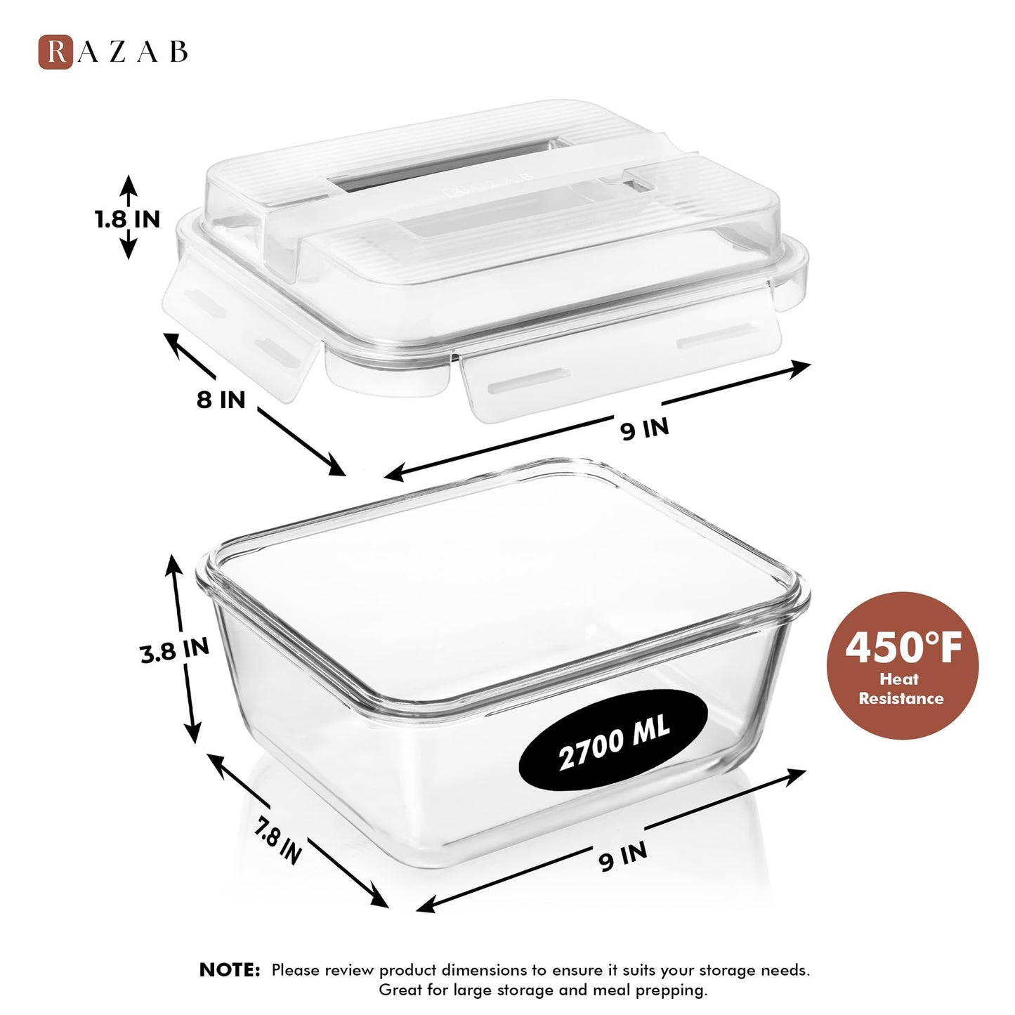 Razab 2700ml / 91Oz / 11.5 Cups Large Glass Food Storage Containers with Lids - Glass Meal Prep Containers for Roasting & Storing Leftover, Glass Lunch Container, Microwave & Oven Safe