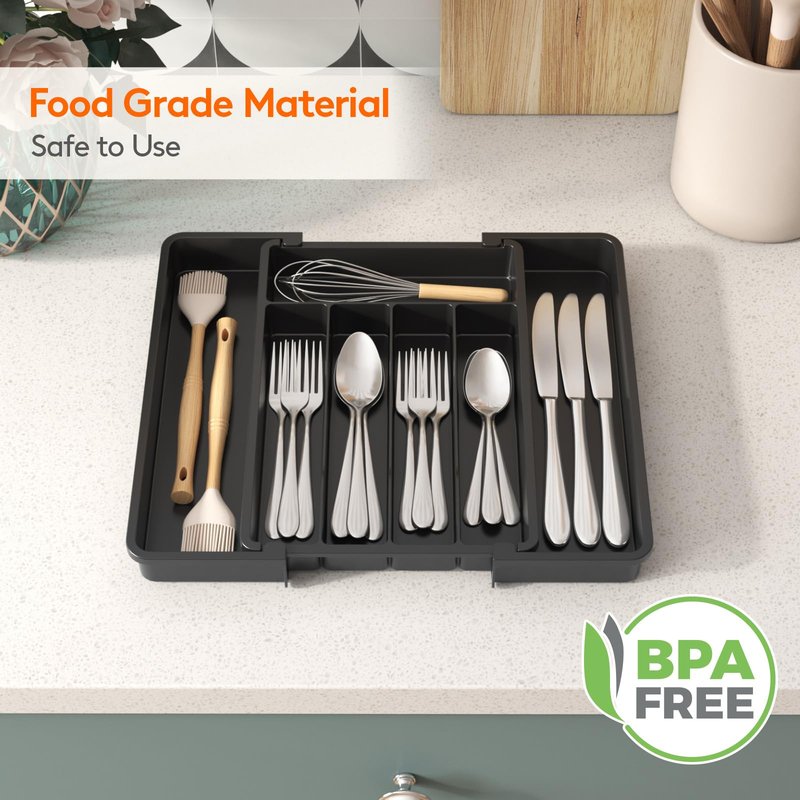 Lifewit Expandable Silverware Organizer, Plastic Utensil Tray for Kitchen Drawer, BPA Free Flatware Cutlery Holder, Space-Saving Storage for Spoons Forks Knives, 8.5-14 x 12 x 1.5 inch, Black