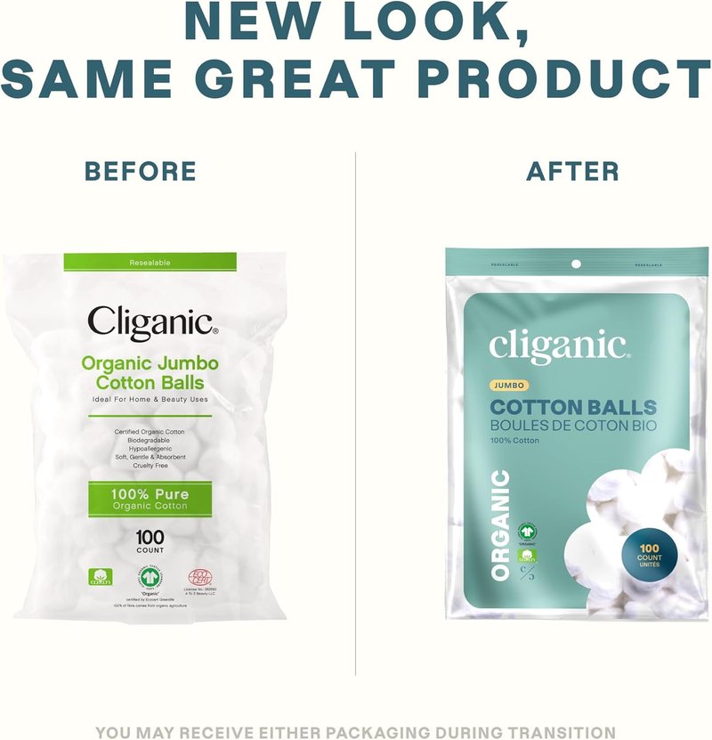 Cliganic Organic Super Jumbo Cotton Balls - Hypoallergenic, Absorbent, 100% Pure | 100 Count