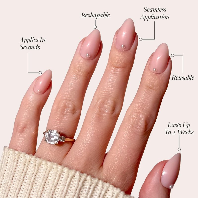 Glamnetic Press On Nails - Wifey | Short Almond Fake Nails, Nude with 3D Nail Art and Glossy Finish, Salon Quality | 15 Sizes - 30 Nail Kit with Glue