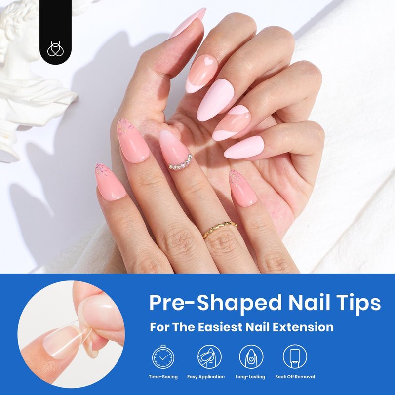 Beetles Gel Nail Tips Soft Nail Extension Set 504Pcs 12 Sizes Pre-Shape Clear Short Almond Nail Tips Press on Soft Gel Tips for Full Cover Soak off False Nails for Nail Art DIY Home Manicure