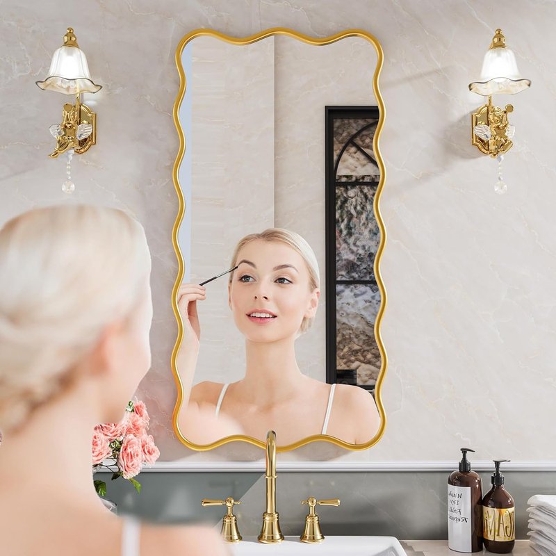 PROHOMEWARE Gold Bathroom Mirror - Wavy Rectangular Wall-Mounted Vanity Mirror | 24" x 48" for Bedroom, Entryway, Living Room