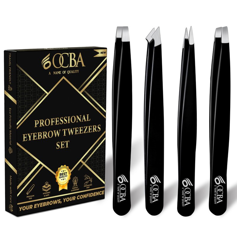 OCBA 4 Pcs Tweezers for Facial Hair Women & Men for Precise Grooming of Eyebrows - Professional Stainless Steel Black Color Coated Eyebrow Tweezers for Ingrown Hair on Nose Ear