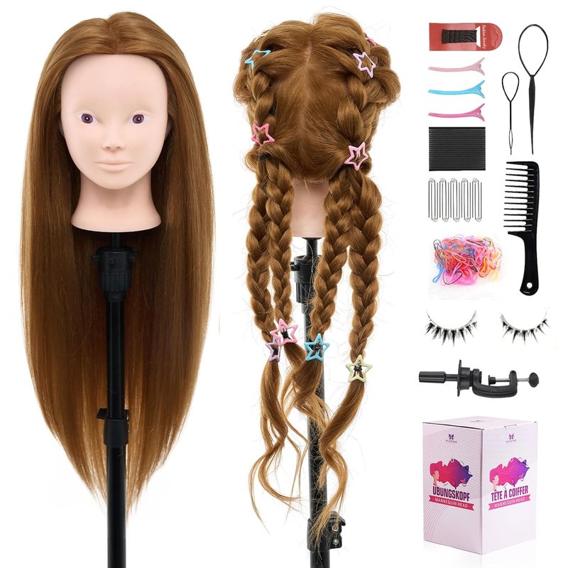 28" Mannequin Head Human Hair - 80% Real Hair Cosmetology Makeup Training Head Practice Manikin Doll Head for Styling Hairdressing Braiding Mannequin Head