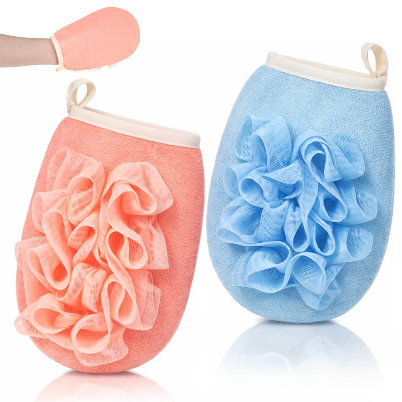 2 PCS Larger Lightweigh Travel Size Loofah, Terry Cloth Small Mini Travel Sponges, Exfoliating Bath Sponges, Bath Shower Pouf for Women Men Gentle Skin Cleansing Body (Pink, Blue)