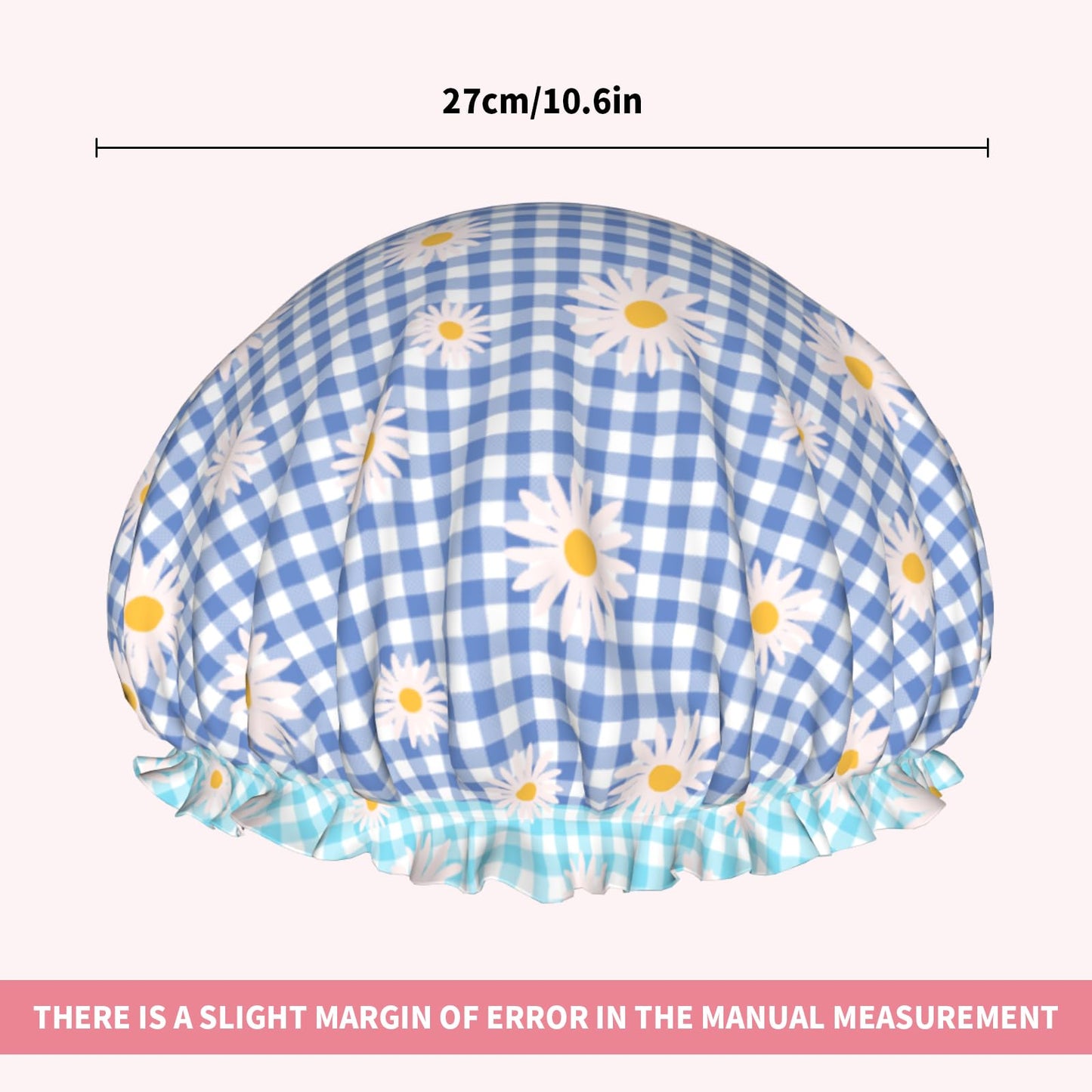 Kwlegh Blue Checkered Shower Caps for Women Daisy Flower Double Waterproof Layers Bath Hat Elastic Reusable Hair Cap for Shower Cooking Clean Makeup