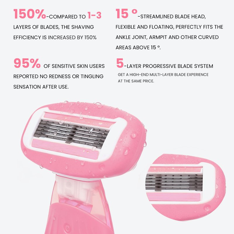 Keropy Women Razors moisturizing bar for Sensitive Skin, Travel Razors Shaving Kit Essential - 5-Blade for Sensitive Skin - Bikini, Legs, Underarms - 1 Handle & 3 Refill Cartridges - Pink
