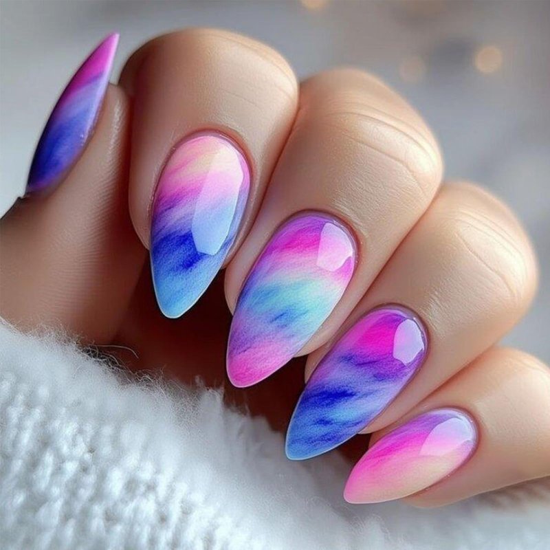 Colorful Gradient Press on Nails Medium Almond Fake Nails Summer Sunset False Nails Reusable Glossy Glue on Nail with Adhesive Stickers Full Cover Stick on Nail for Women 24Pcs