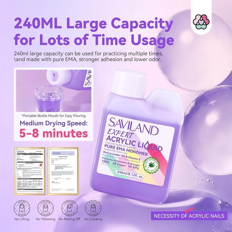 SAVILAND 8oz EMA Acrylic Liquid Monomer - Odorless Professional Nail Monomer Kit for Acrylics