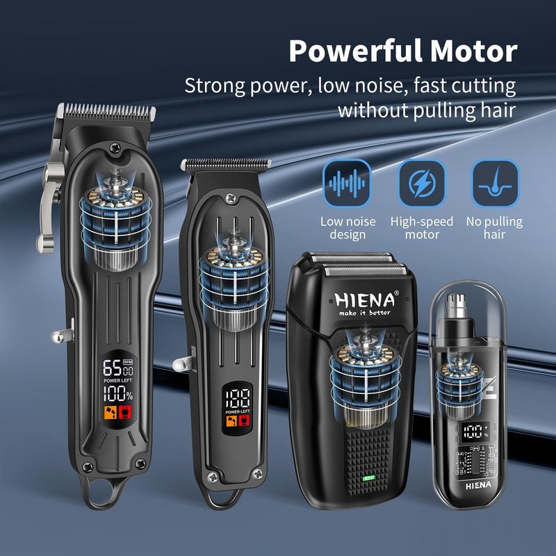 HIENA PRO Professional Hair Clipper Kit - Rechargeable Cordless Barber Set & Grooming Tools (Black)