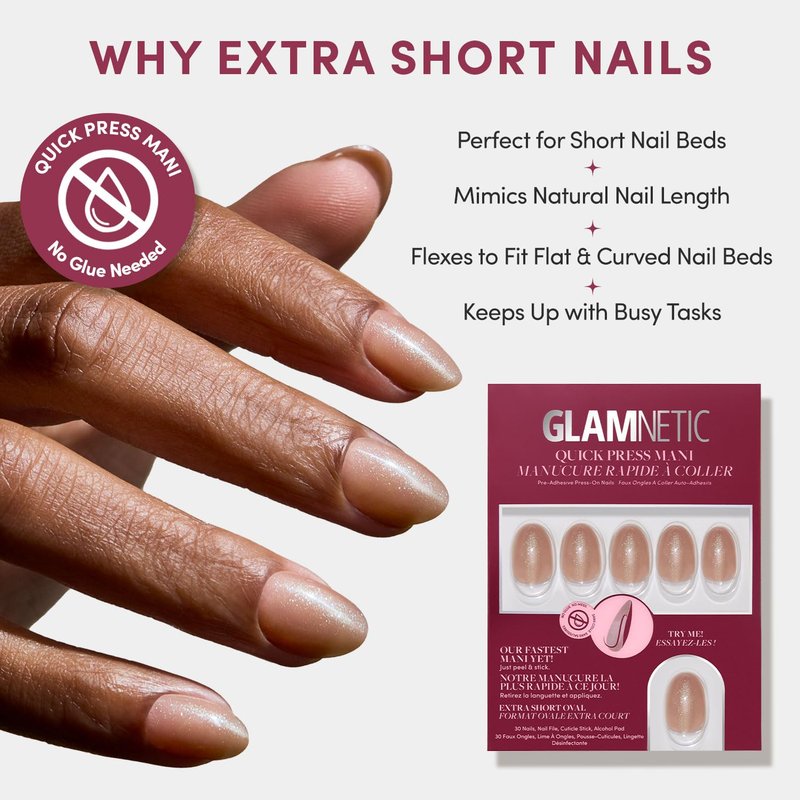 Glamnetic Quick Press Mani - No Glue Press On Nails, Just Peel and Stick, Oval Extra Short Nails, Mess Free, Salon Quality Stick On Nails, Sparkly Brown | in 15 Sizes - 30 Nail Kit
